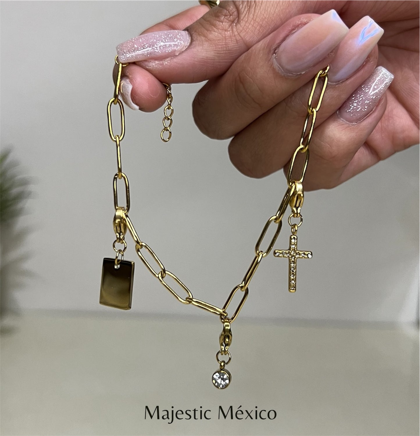 PULSERA CRUZ CON CRISTAL Y PLACA
